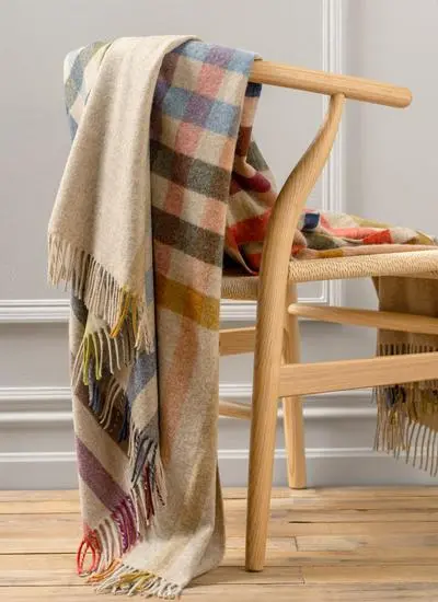 Beige & Coral Check Merino Wool Throw